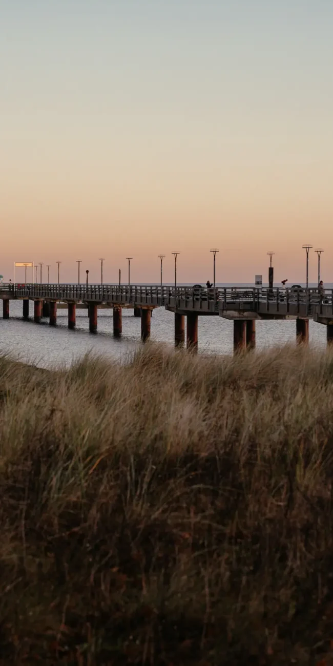 Blick auf die Seebrücke Zingst bei Sonnenaufgang